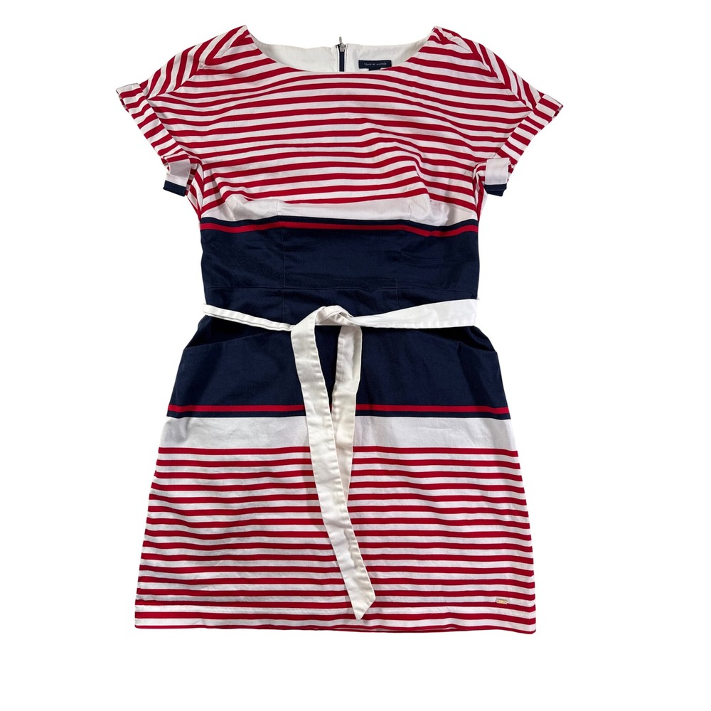 Tommy Hilfiger Women Striped Nautical Sheath Dress Navy Red White Belted Size 10 - Picture 8 of 10